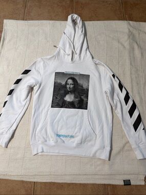 Off-White White Hoodie with Black Sleeve Chevrons and Mona Lisa Print